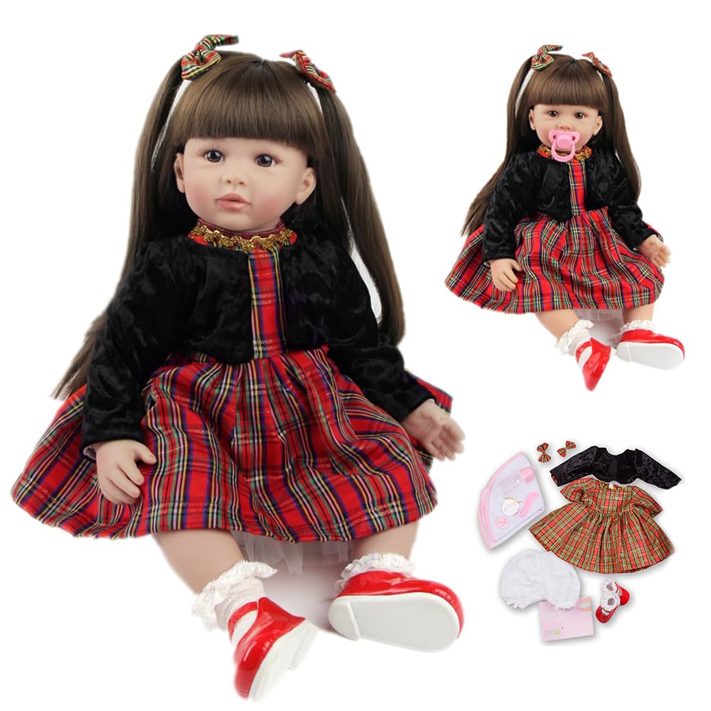 Bambola Realistica - 60cm Bambole Neonato Realborn Che Sembrano Vere Prematura Bambolotto Reborn con Vestito Scozzese Rosso e Giacca Nera, Accessori Inclusi 24pollice Realistico Baby Doll