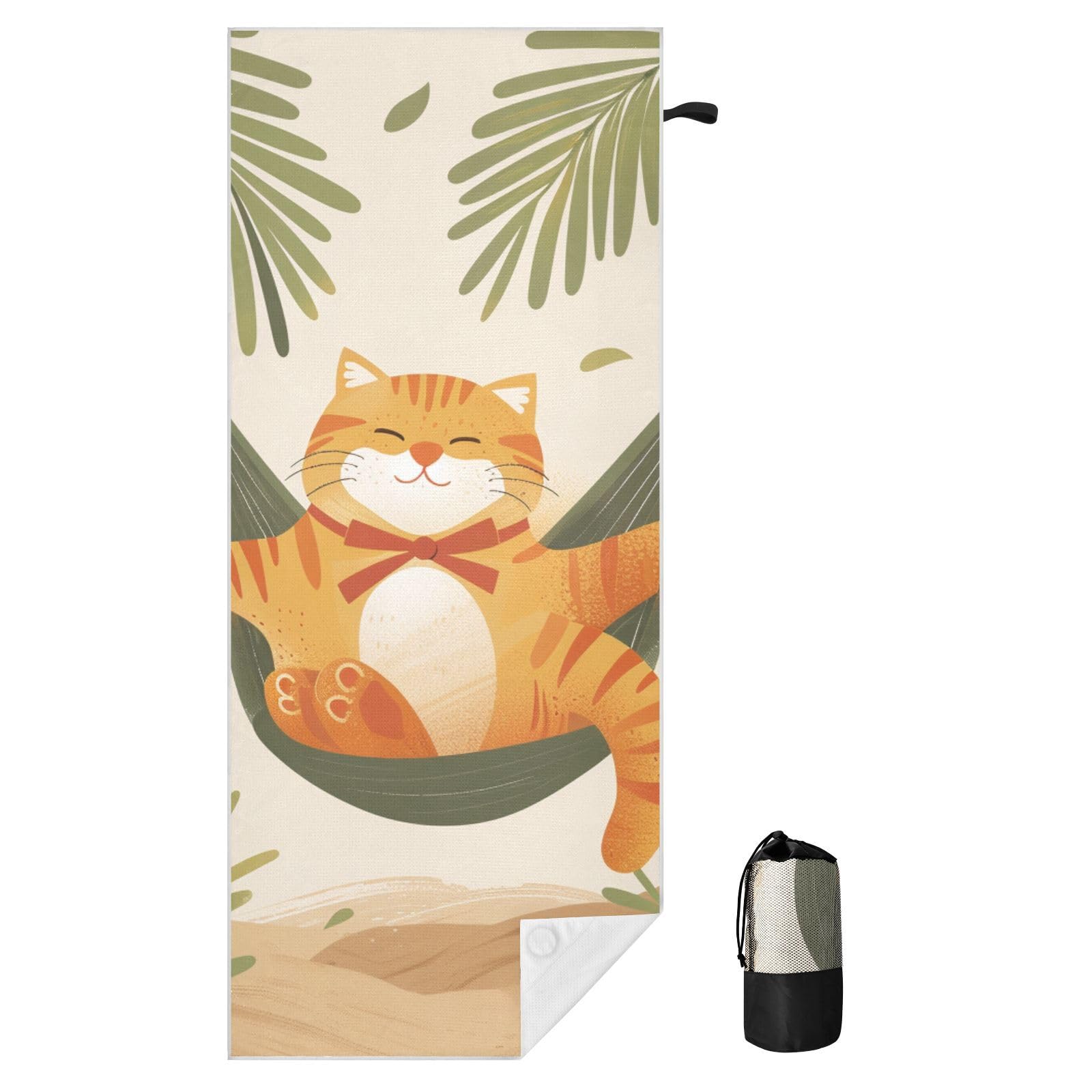 Grandes serviettes de plage avec sacs en maille pour adultes, motif chat heureux dans un hamac, serviette de bain avec fermeture magnétique, anti-sable, serviette à séchage rapide pour piscine