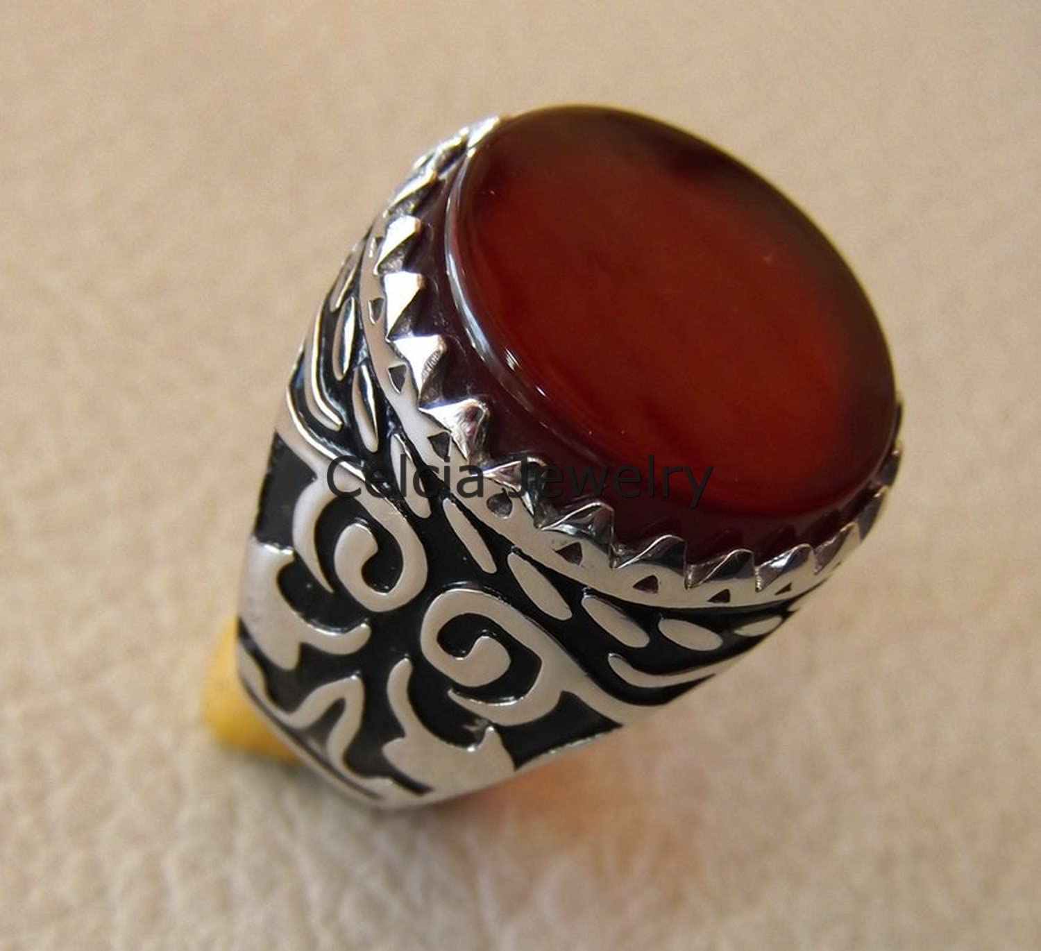 Natürlicher Karneol roter Edelstein runder Ring, massiver 925er Sterlingsilber, Hochzeitsgeschenkring, Siegelring, Versprechenserklärungsring, silberner Emaillering, Herrengeschenke (Karneol)
