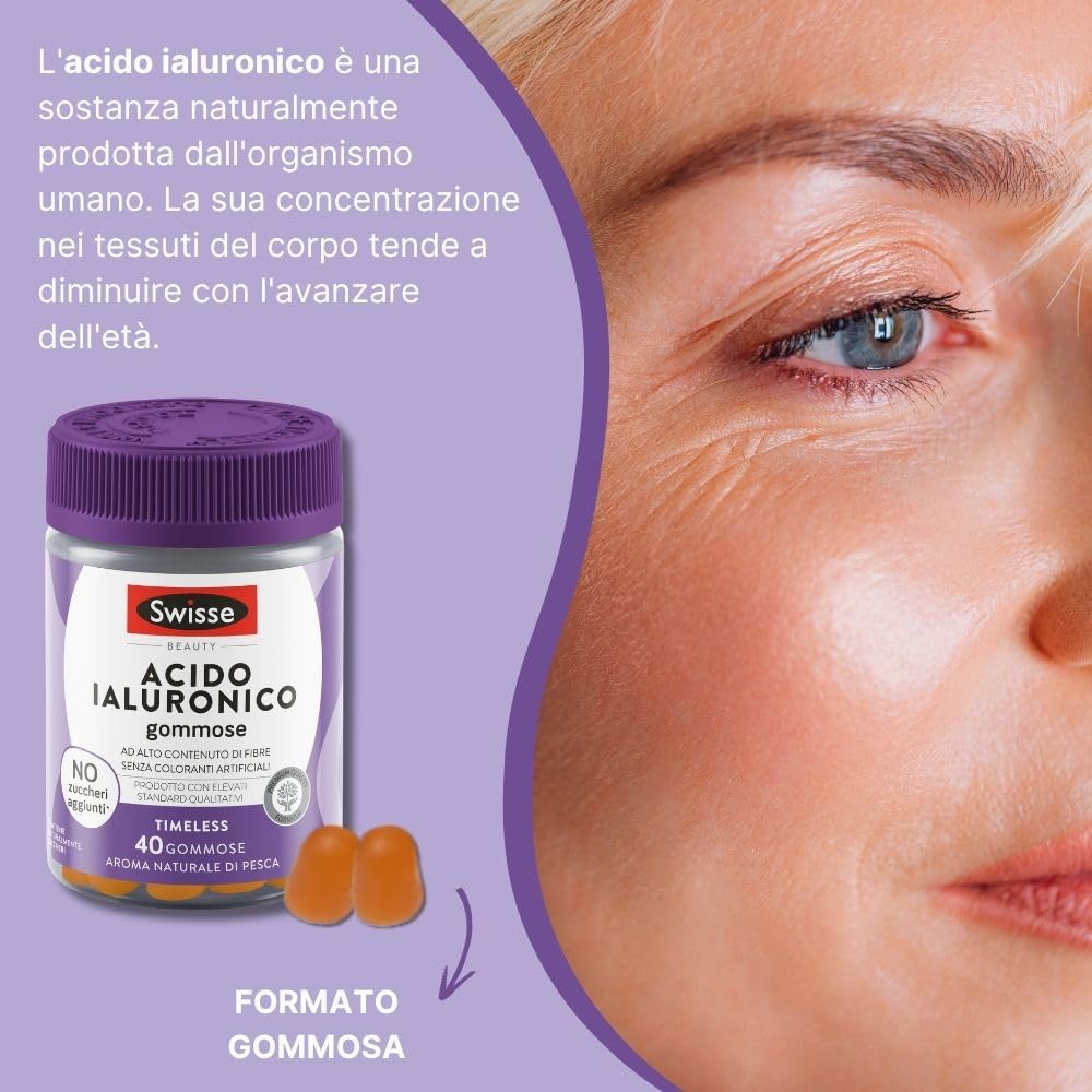 SWISSE Beauty - Acido Ialuronico Gummies, Integratori Donna e Uomo, 40 Pastiglie Gommose, Integratore Alimentare, Gusto Pesca, Adatto per Alimentazione Vegana