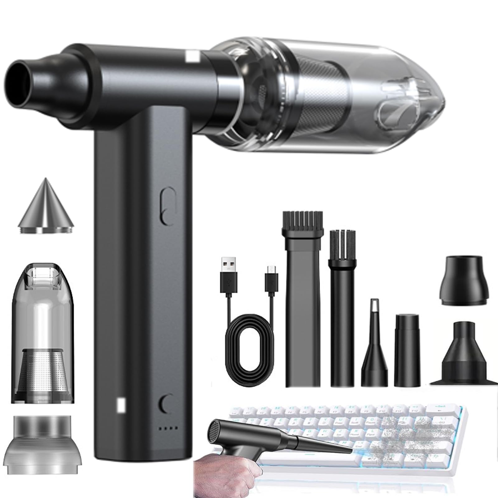 Soplador Aspirador Portatil - Mini Aspiradora de Mano con 8000 mAh Batería Recargable, Velocidad Continua de 120000 RPM Aspiradora Coche sin Cable Soplador de Aire para PC
