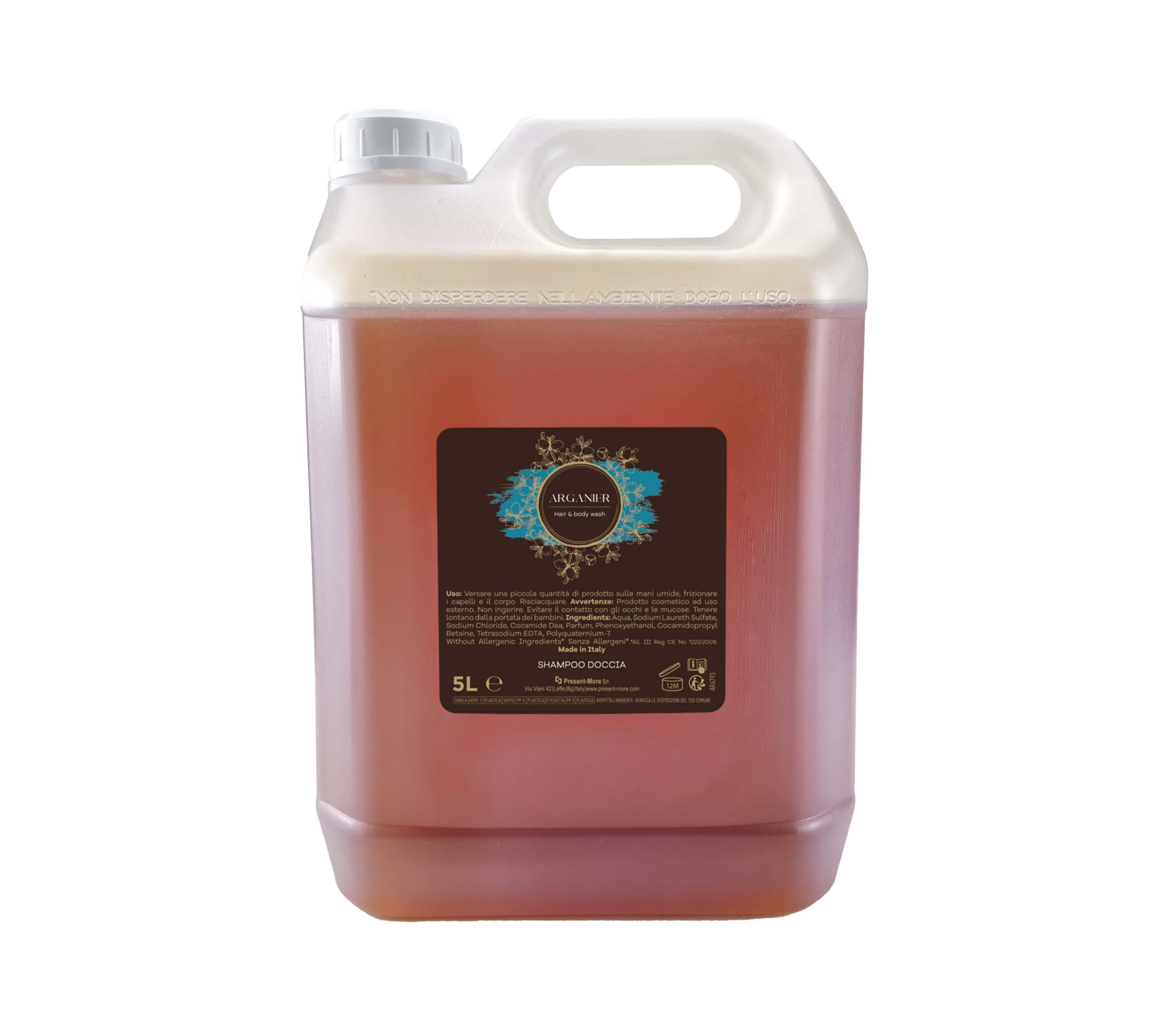 PRESENT-MORE - Doccia Shampoo 5lt Arganier - Confezione da 2 Pezzi - Shampoo Doccia Senza Allergeni - Fragranza Argan - Made in Italy - Ideale per Hotel e B&B