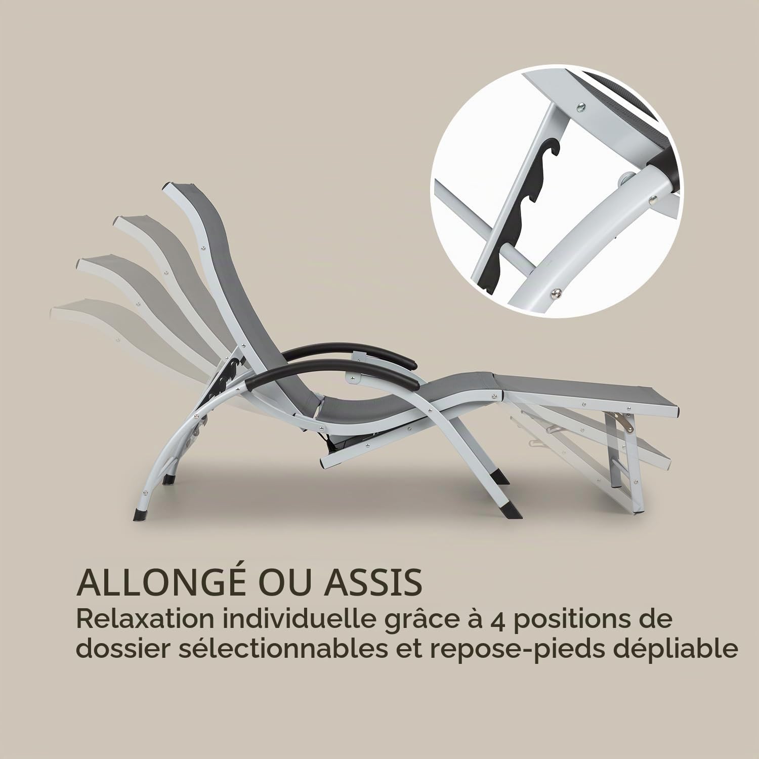 blumfeldt Sunnyvale Transat Chaise Longue Bain de Soleil, Dossier réglable en 4 Positions, Repose-Pieds Pliable, Surface de Couchage 174 x 51 cm, matériau déperlant, PVC/Polyester, Gris