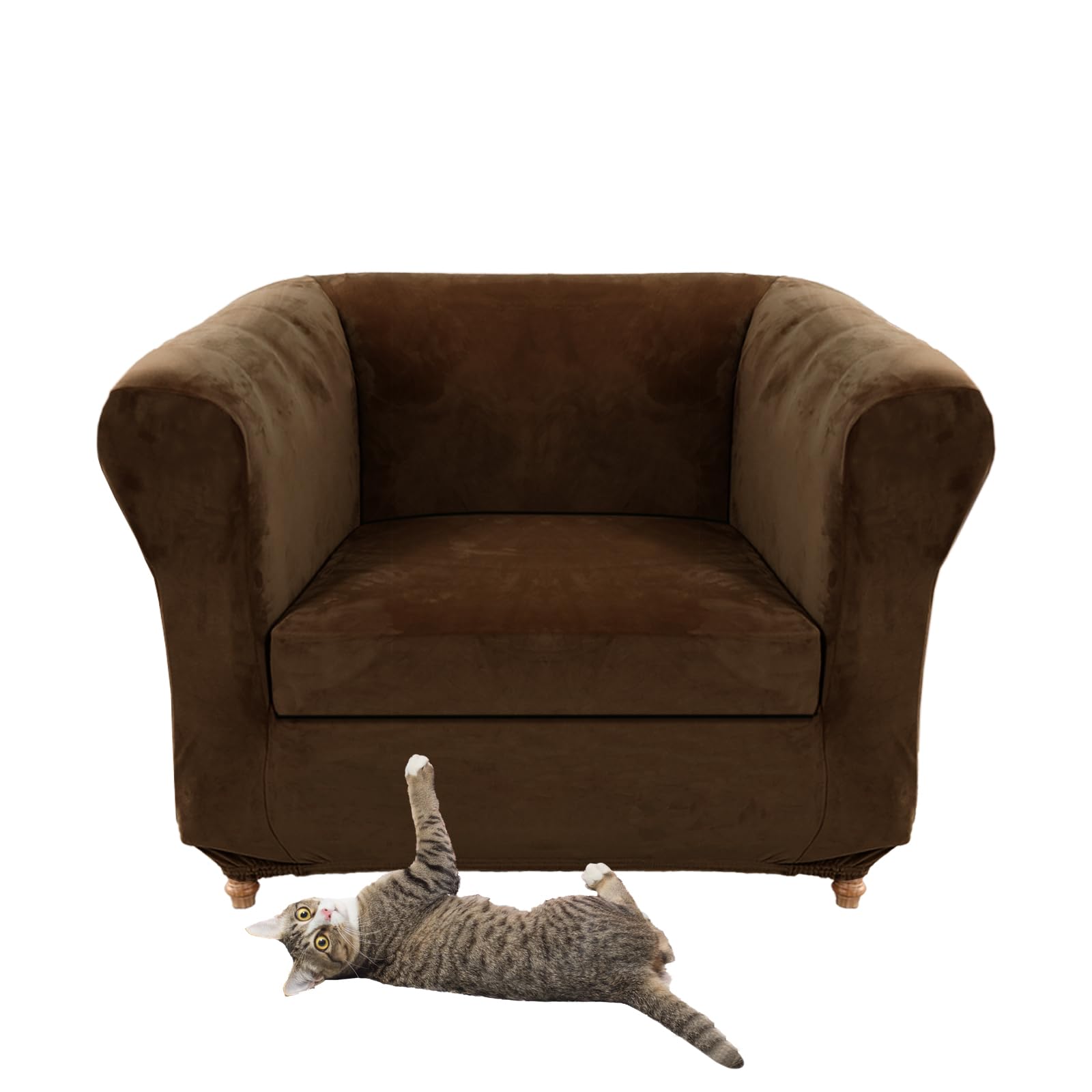 Stretch Velvet Chesterfield Sofa Cover Couch Cover with Seat Cushion Cover for Curved Chaise Armchair Vintage Style (Dark Brown Chair + 1 Large Seat)