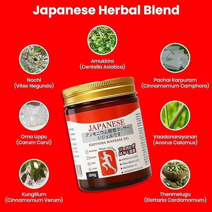 Image of KYANAH Japanese Formula Soothing Massage Gel for Joint & Muscle Pain Relief | Herbal Arnica & Mugwort Extract | Fast Absorbing Back, Neck, Knee & Leg Pain Relief Balm | Non-Greasy Muscle Gel 100g
