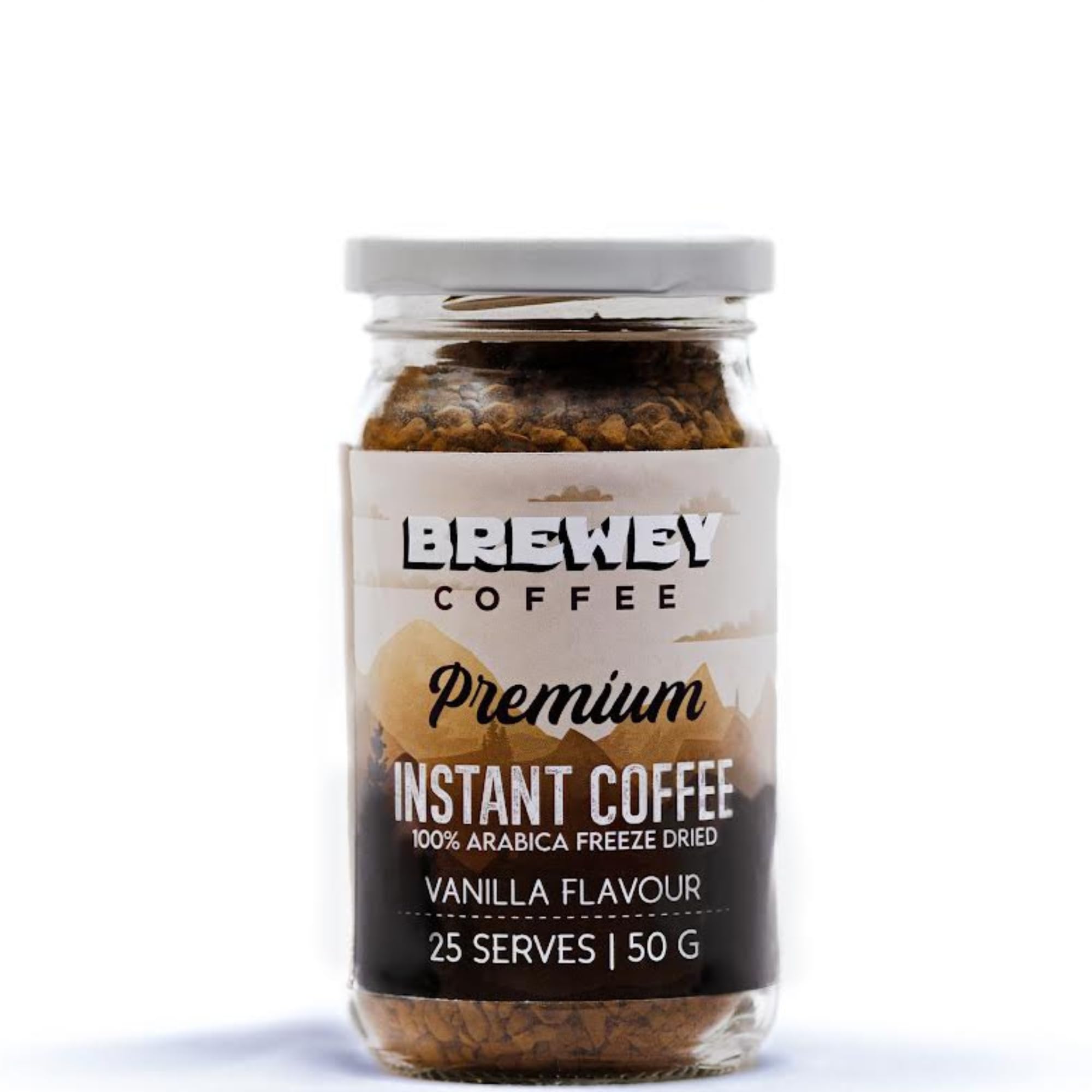 Brewey Coffee Premium Vanilla Instant Coffee | 100% Arabica | Freeze-Dried Granules | 50g Jar (25 Servings) | Rich Vanilla Flavour | Strong Brew for Espresso, Latte & Cappuccino | No Added Sugar