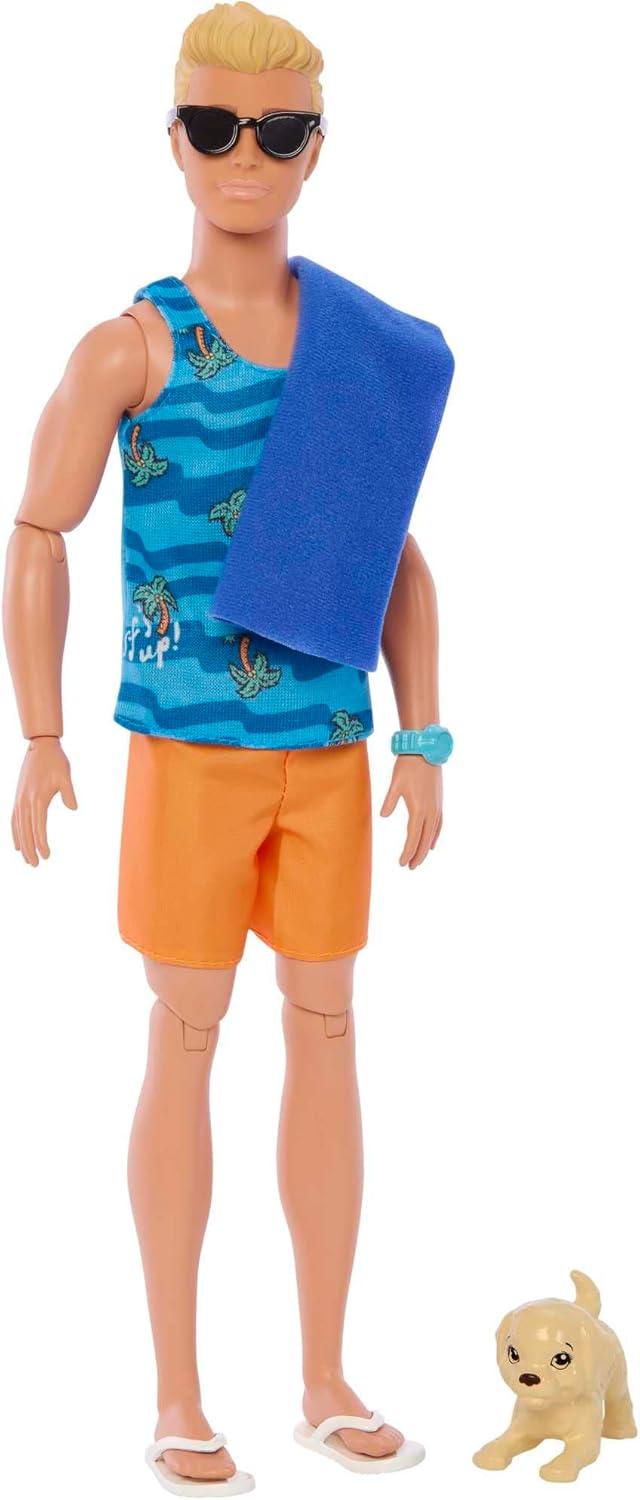 Barbie Ken Doll with Surfboard and Pet Puppy, Poseable Blonde Ken Beach Doll with Themed Accessories Like Towel, HPT50