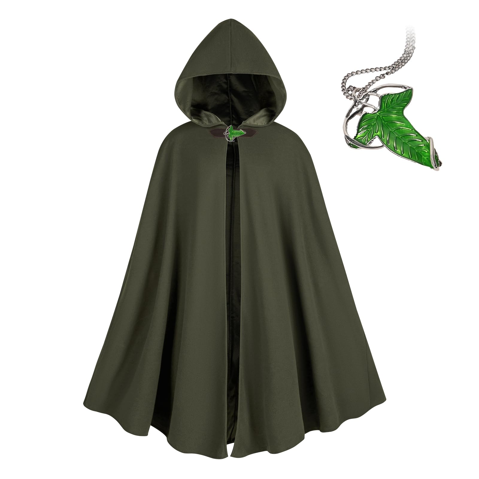 Medieval Costume Cloak with hood men Adult Renaissance Hooded Cloak with Green Leaf Brooch Necklace