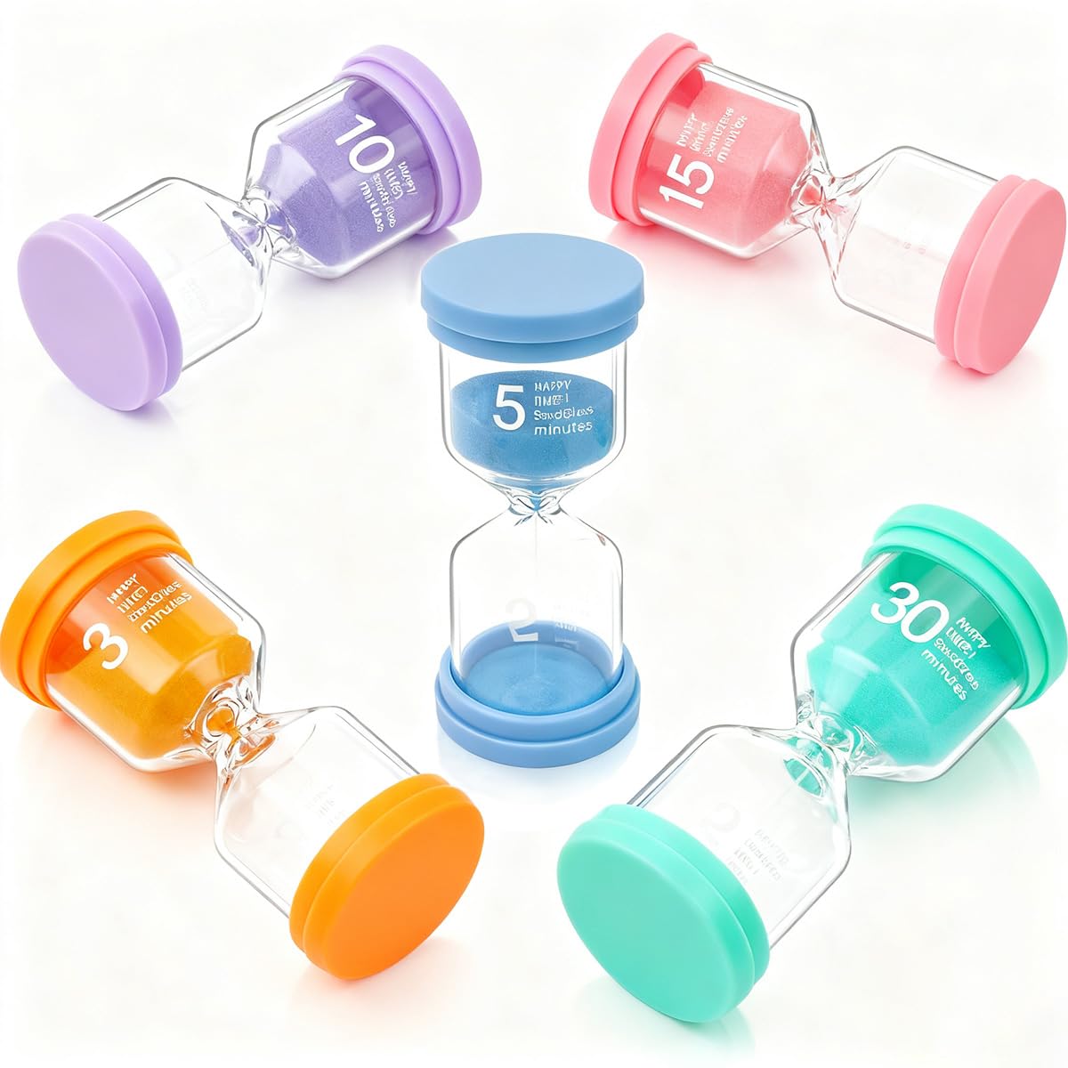 AUMAYCO 5 Pack Sand Timer, Colorful Hourglass Set 3mins/5mins/10mins/15mins/30mins Visual Timer for Classroom, Games, Home & Office, Time Management Assistant