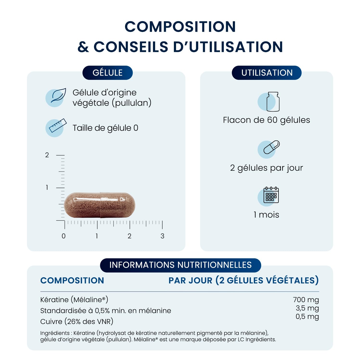 Mélanine - 100% française & Naturelle - Préparateur solaire & Accélérateur de Bronzage - Soin Peau & Cheveux - Extrait breveté Mélaline® - Biodisponibilité 96% - 350 mg 60 gélules (1 mois) - Dynveo