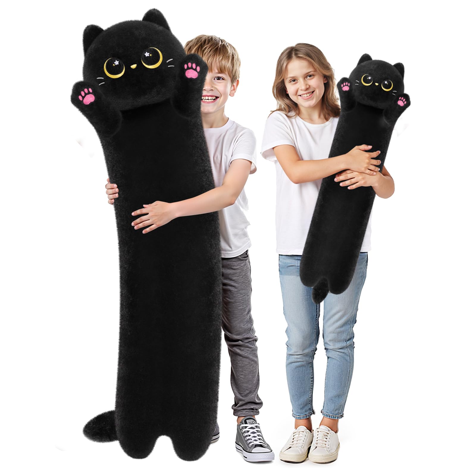 Artist-Designed Ultra Soft Long Black Cat Plush Body Pillow, Extra Stuffing for Comfort, Premium Quality Stuffed Animal Gift for Girlfriend or Cat Lovers (Black Cat Body Pillow 44 Inch)