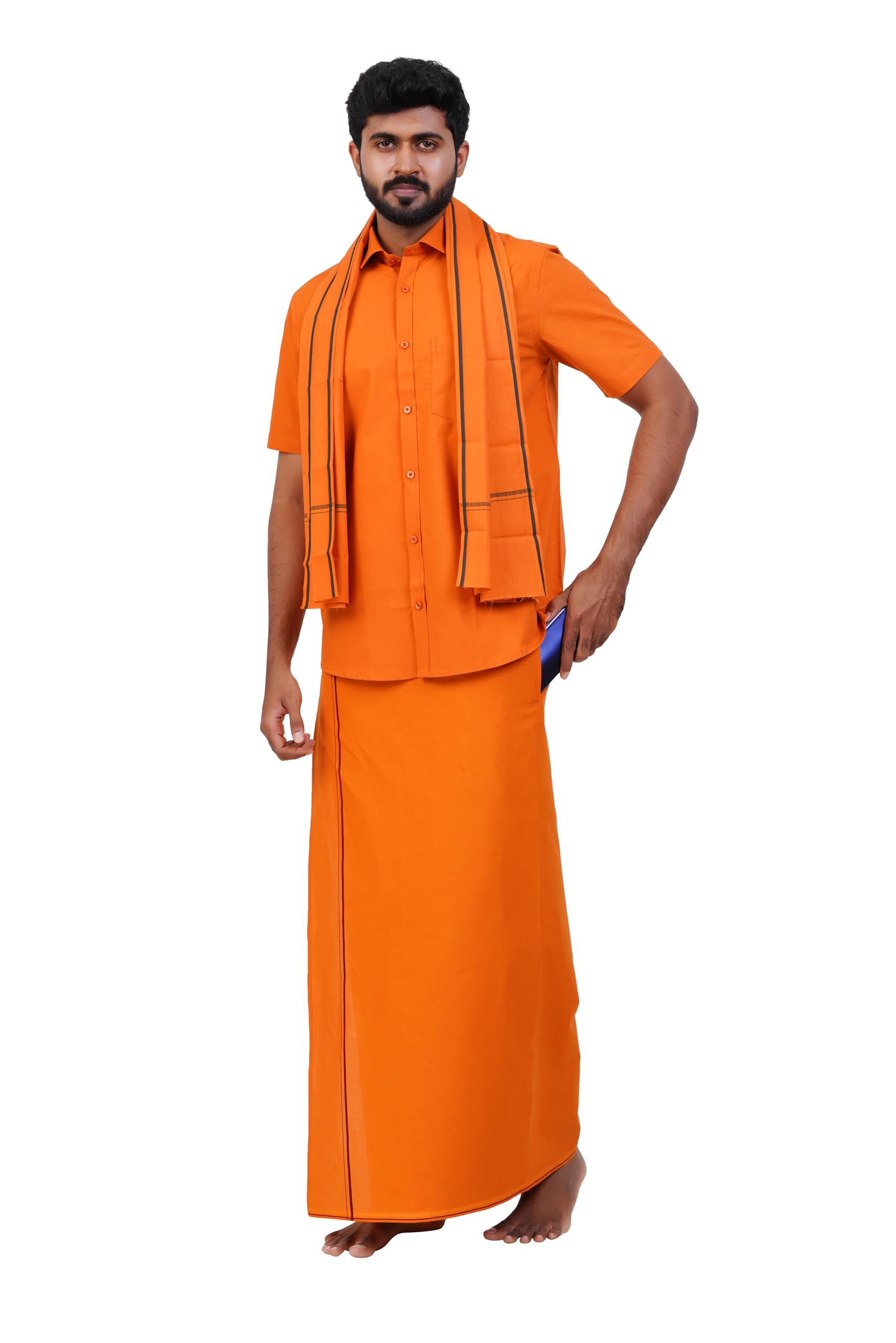 Mens Small Border (Roja) Flexi Adjustable Readymade Pocket Dhoti + Readymade Half Sleeve Shirt + Small Border towel-image-20