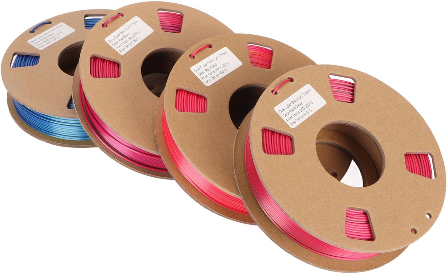 4 Rolls Silk Dual Color PLA Filament, 1.75mm Red Gold, Red Green, Blue, Blue Green 3D Printer Filament Bundle, Brilliant Print Surfaces with Bundle Design, Ideal for