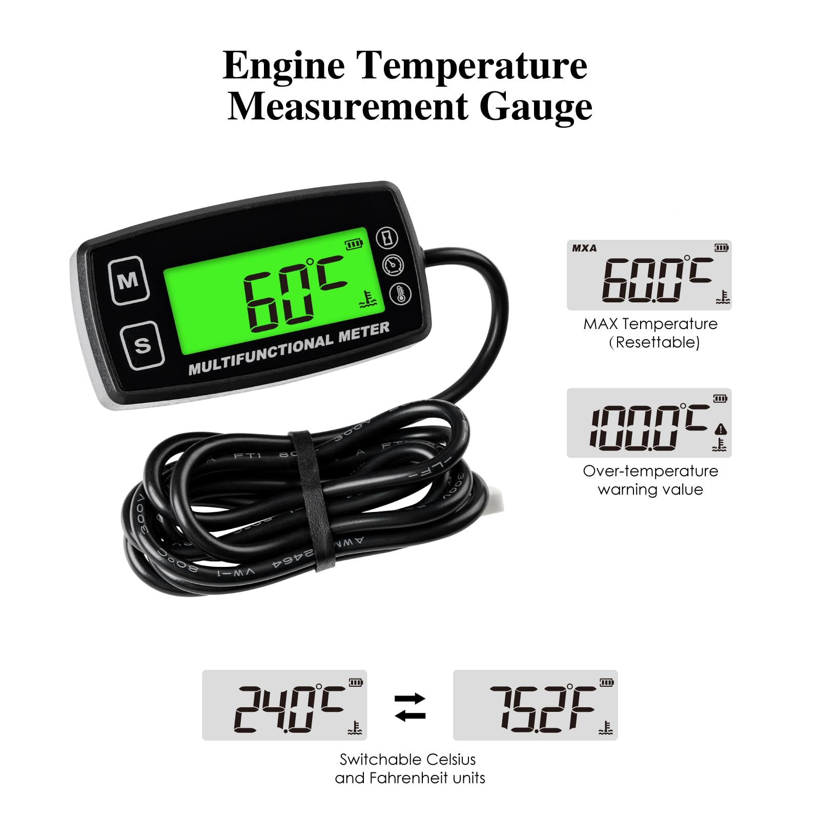 Tachimetro LCD retroilluminato Olio motore Termometro acqua Display digitale Batteria sostituibile per Moto ATV Barca Marine Compressore Pulitori (TS003)