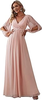 Vestido de Fiesta Talla Grande Largo para Mujer Escote V Profundo A-línea Manga Larga con Apliques 00461