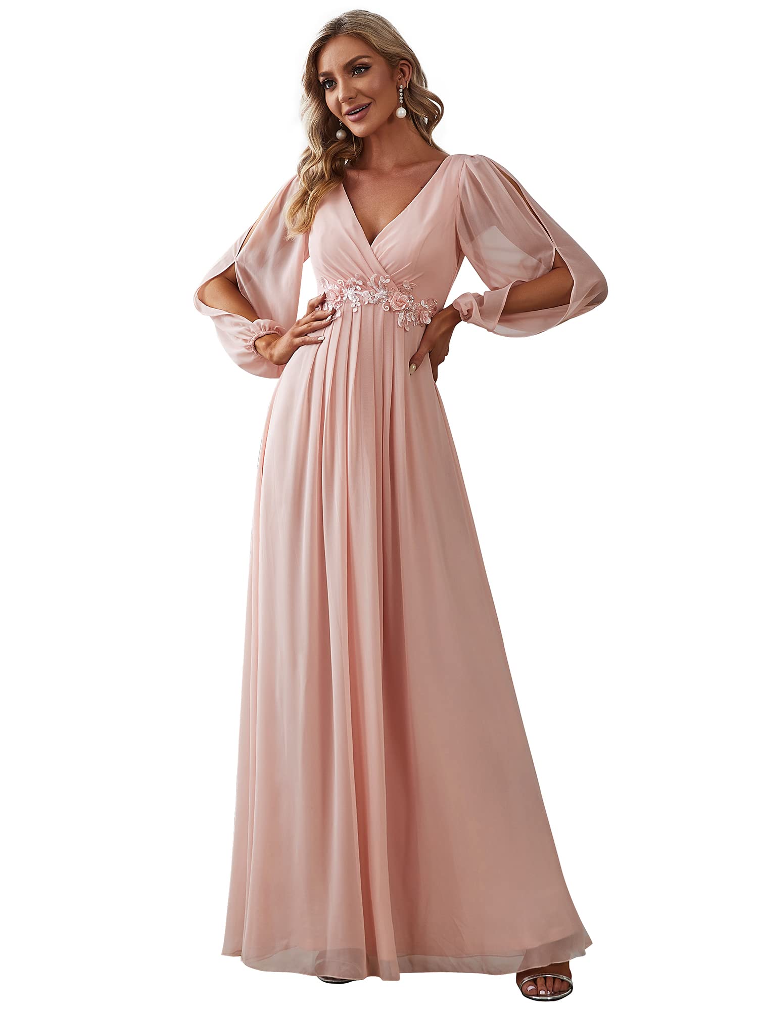 Ever-PrettyWomen's V Neck Long Sleeves Floor Length Ruched Chiffon Formal Dress 00461