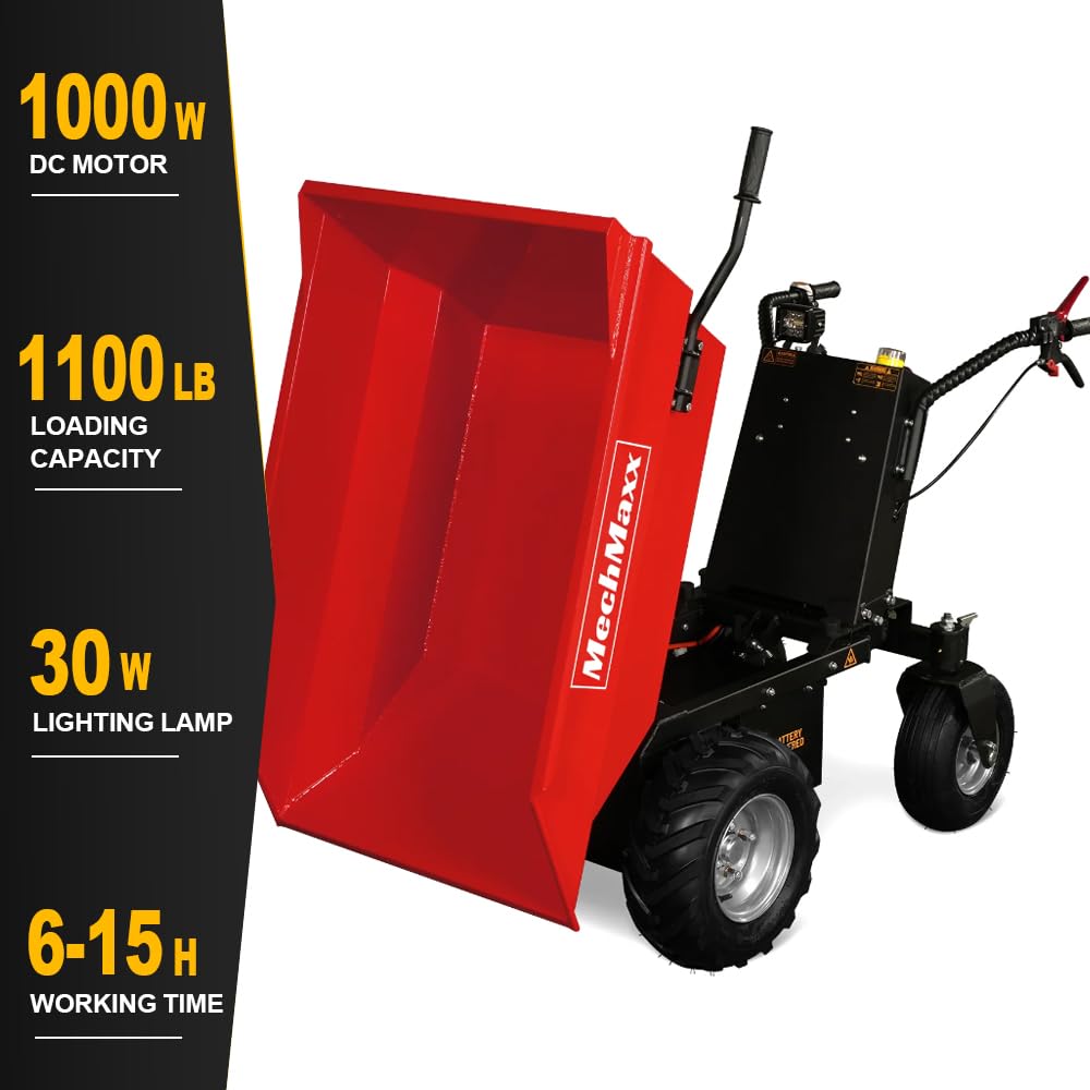 MechMaxx 1100Lbs Loading Battery Powered Barrow Electric Mini Dumper Cart, with 30W Light, 1000W Brushless DC Motor, LED Display Screen, Model E50 Red