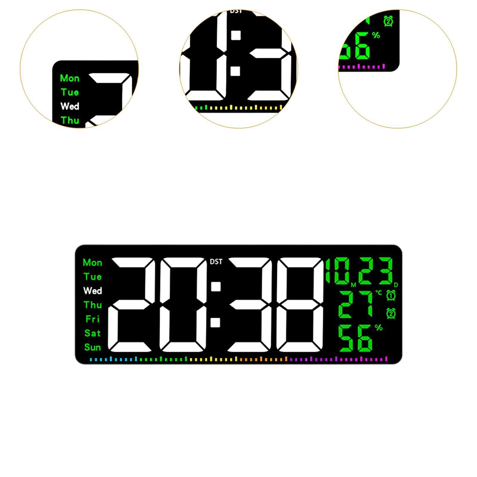 Orologio Digitale da Parete con Funzione Sveglia LED Termometro Integrato Calendario con Visualizzazione Giorni Materiale PP Resistente Elegante, Verde