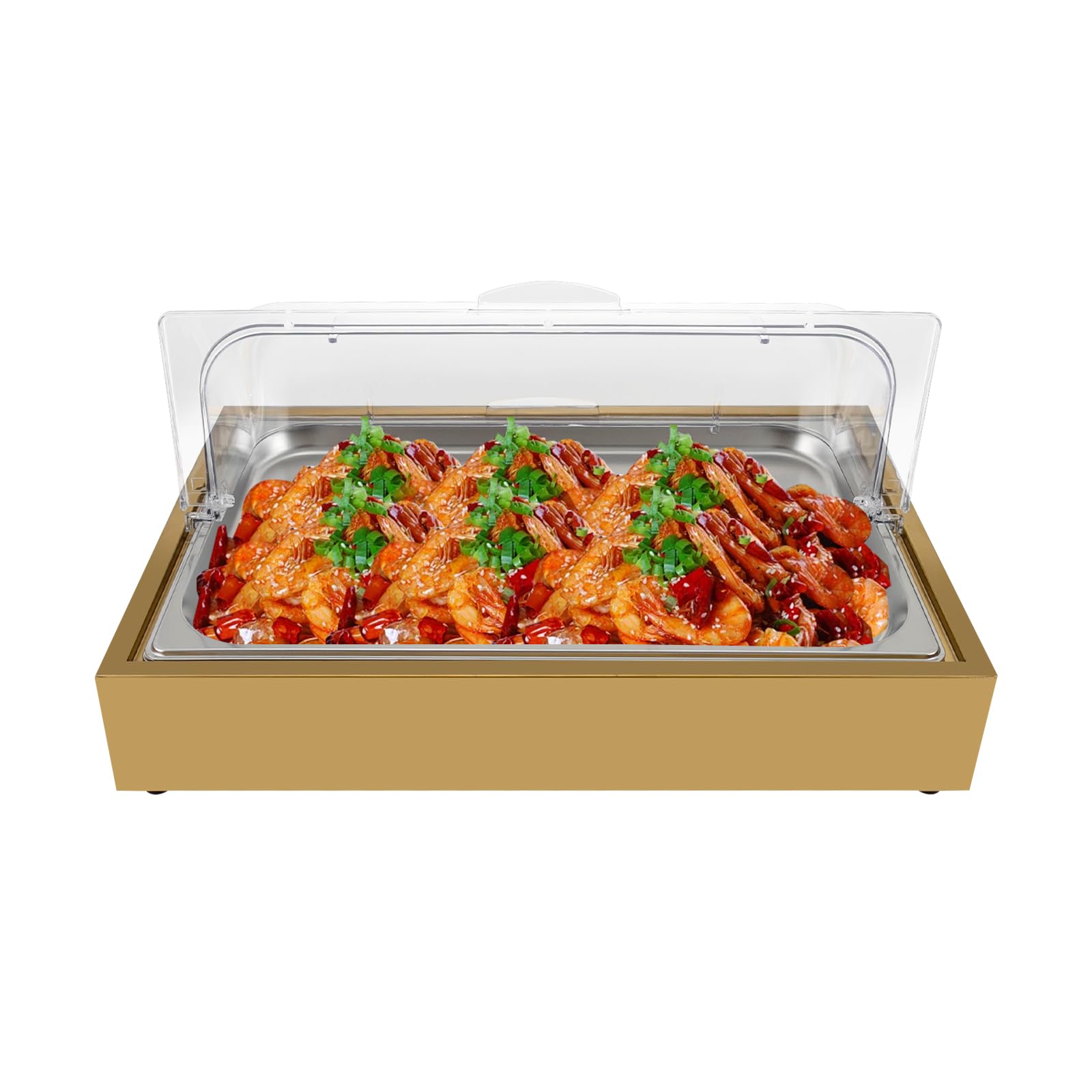 ACNAO Modern Gold Reusable Food Display Tray with 2 Compartments, 6L Capacity, Clear Top Cover, Buffet Cold Serving Cooler Platter