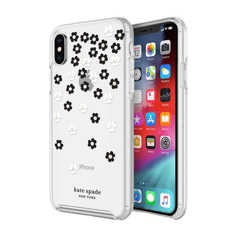 kate spade new york Protective Hardshell Case (1-PC Co-Mold) for iPhone Xs & iPhone X - Scattered Flowers Black/White/Gold Gems/Clear