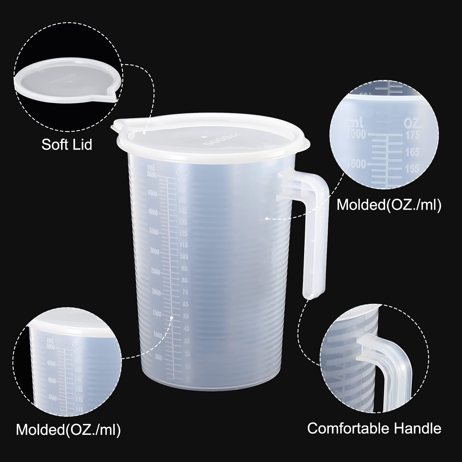 PATIKIL Graduado Vaso, 5000ml PP Plástico Líquido Medidora Taza Doble Lado Graduaciones con Mango Tapa Caño para Laboratorio Cocina Hogar