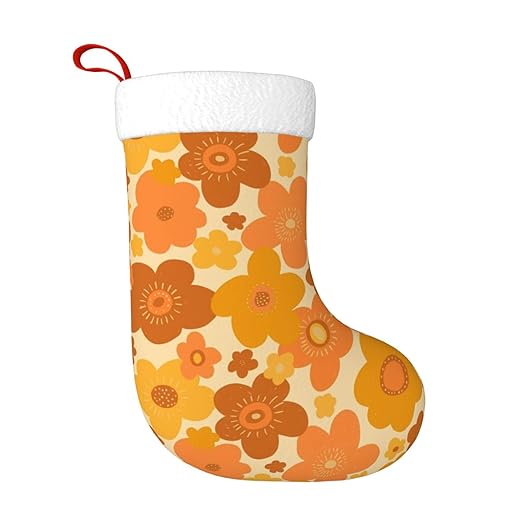 Abstract 70s Retro Vintage Colors Orange Hippy Floral Pattern Christmas Stockings Fireplace Decorations Hanging Socks Xmas Stockings Holders Ornament For Farmhouse Home Decor,Family Holiday Party Gift
