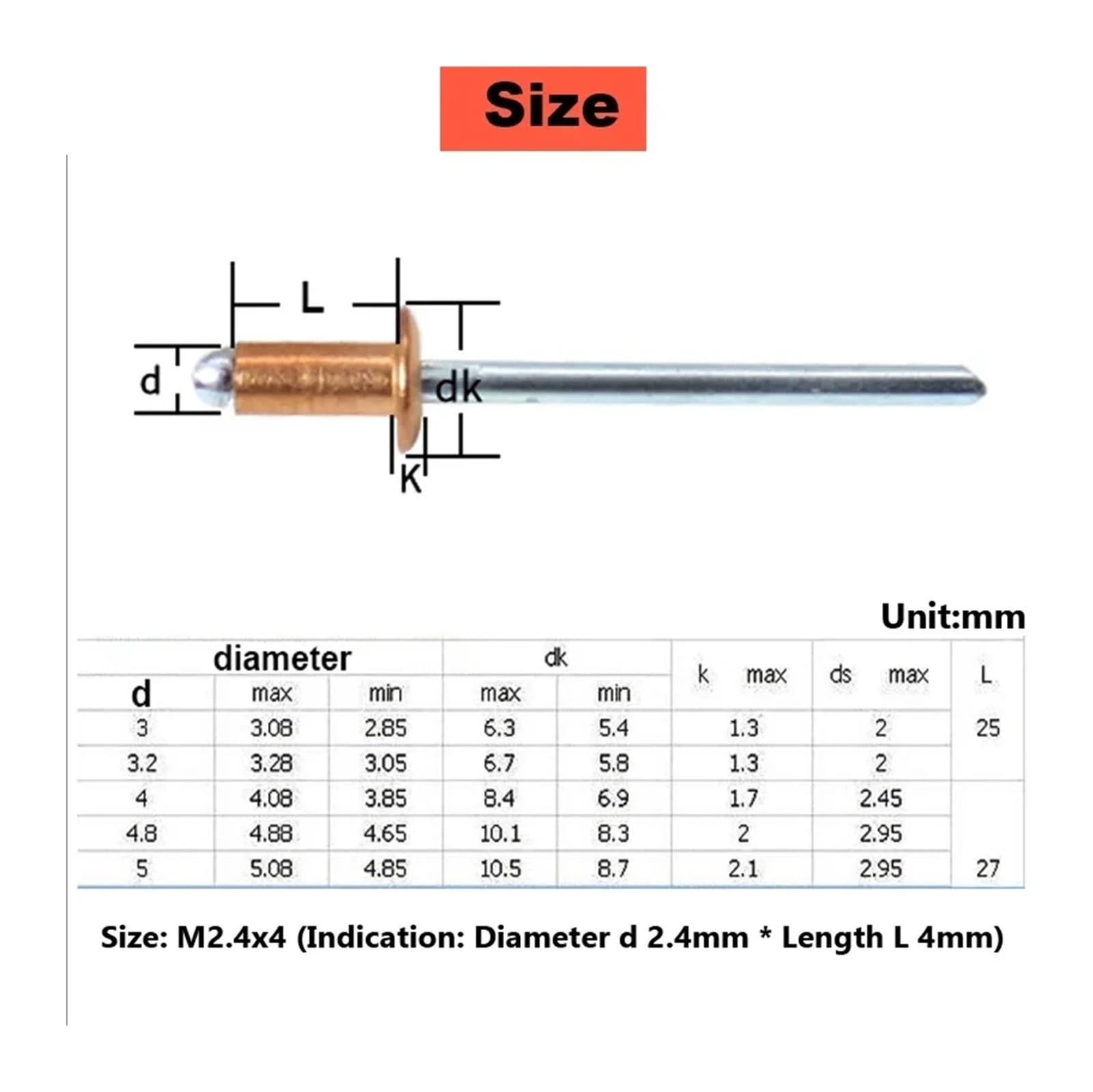 Nity wydrążone z aluminium, Zestaw nitów zrywalnych z łbem miedzianym kopułkowym po 10 sztuk M2.4-M4.8(25mm,M4.8)