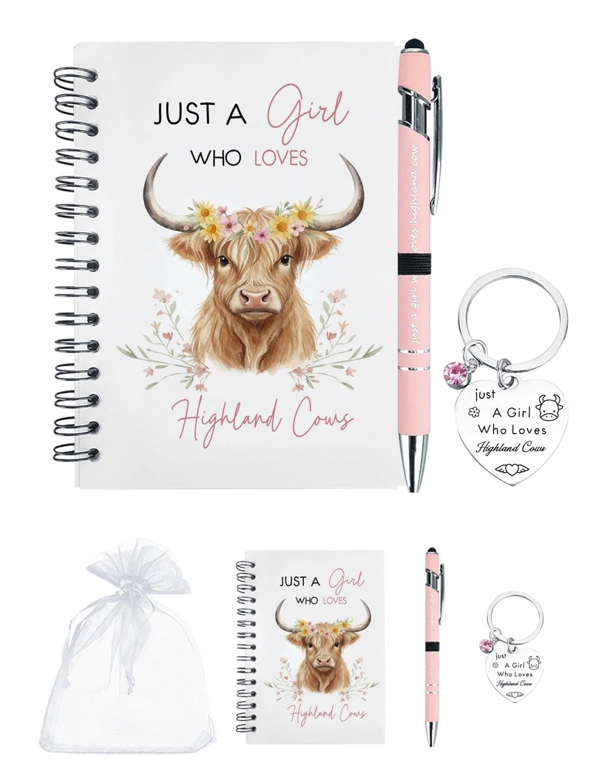 GiftGem 4Pcs Highland Cow Gifts for Women – Adorable A6 Spiral Notebook & Pen Set with Cute Keychain, Perfect Highland Cow Lover Gift