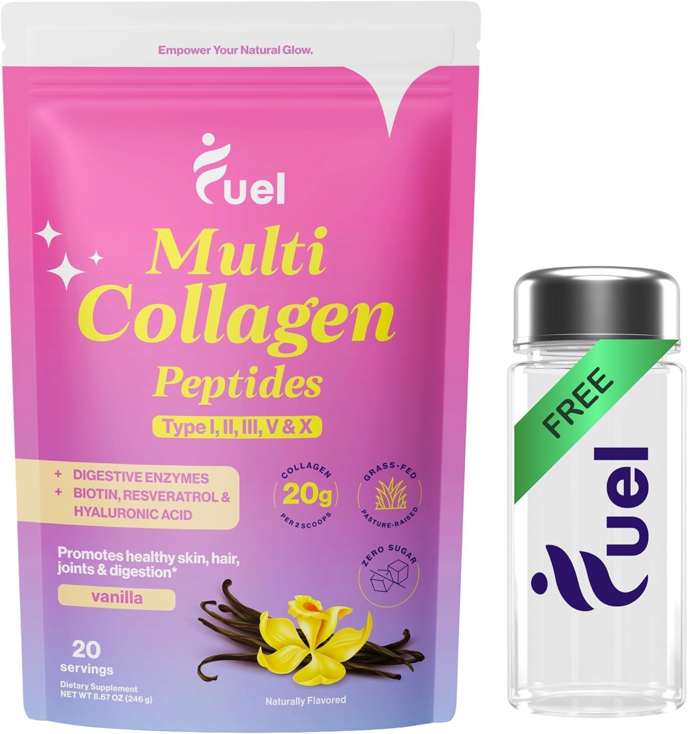 Fuel Multi Collagen Peptides and Shaker Bottle Bundle | French Vanilla Flavor 8.67oz | 20g Hydrolyzed Collagen Types I II III V X | Hair Skin Nails Joint Support | BPA-Free Leakproof Gym Bottle