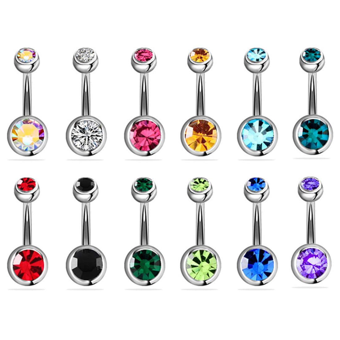 OISJHW 12 Piercings Para Ombligo, Aleatorio Colores, Doble Gema, Acero Inoxidable, Calibre 14 (1,6 Mm X 10 Mm)