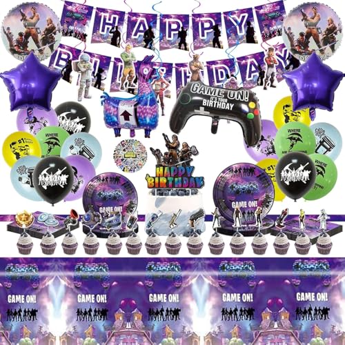 Decorações de aniversário com guerra temática de jogos, 135 peças de decorações para festas, inclui banner, balões, decorações cupcakes, toalha de mesa, papel revestido, autocolantes, guardanapos