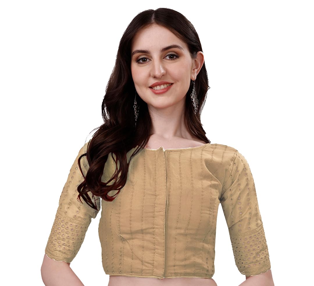 Pujia Mills Women's Trendy Hakoba Chikankari Work Half Sleeve Cream Saree Blouse(Hakoba 13 Cream_38)