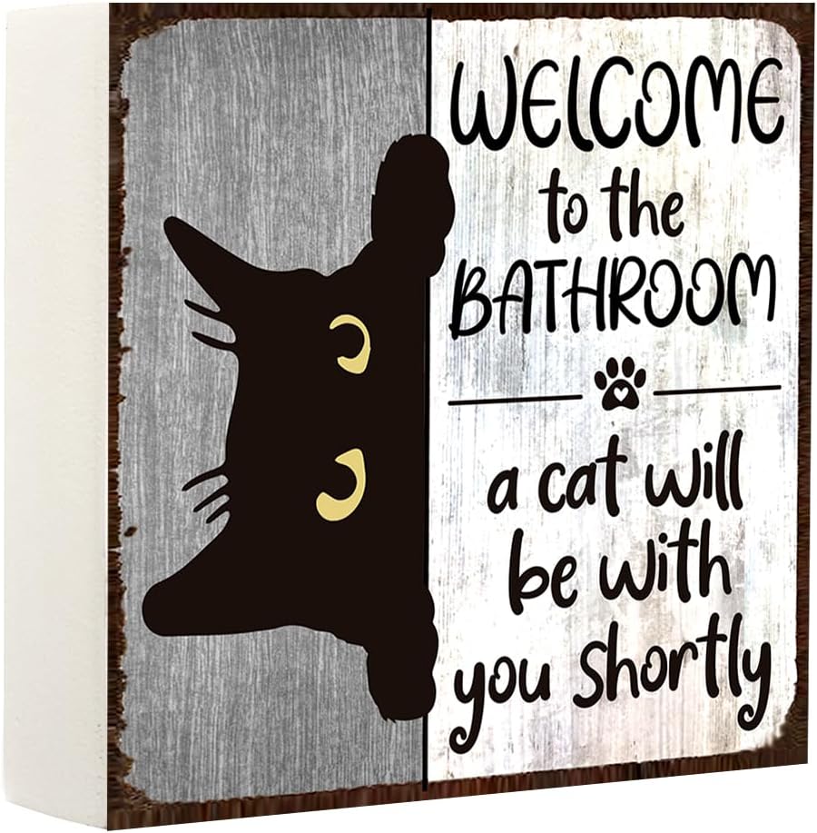 Funny Bathroom Cat Decor Welcome to the Bathroom Wooden Box Sign Black Cat Sign for Home Toilet Restroom Shelf Tabletop Desk-142