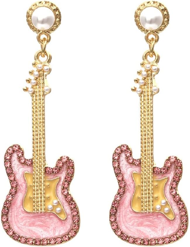Guitar Earrings for Women, Cute Guitar Earrings for Womens, Music Guitar Statement Dangle Earring Hypoallergenic, Pink Guitar Drop Earring, Pearl Guitar Bohemian earrings Studs