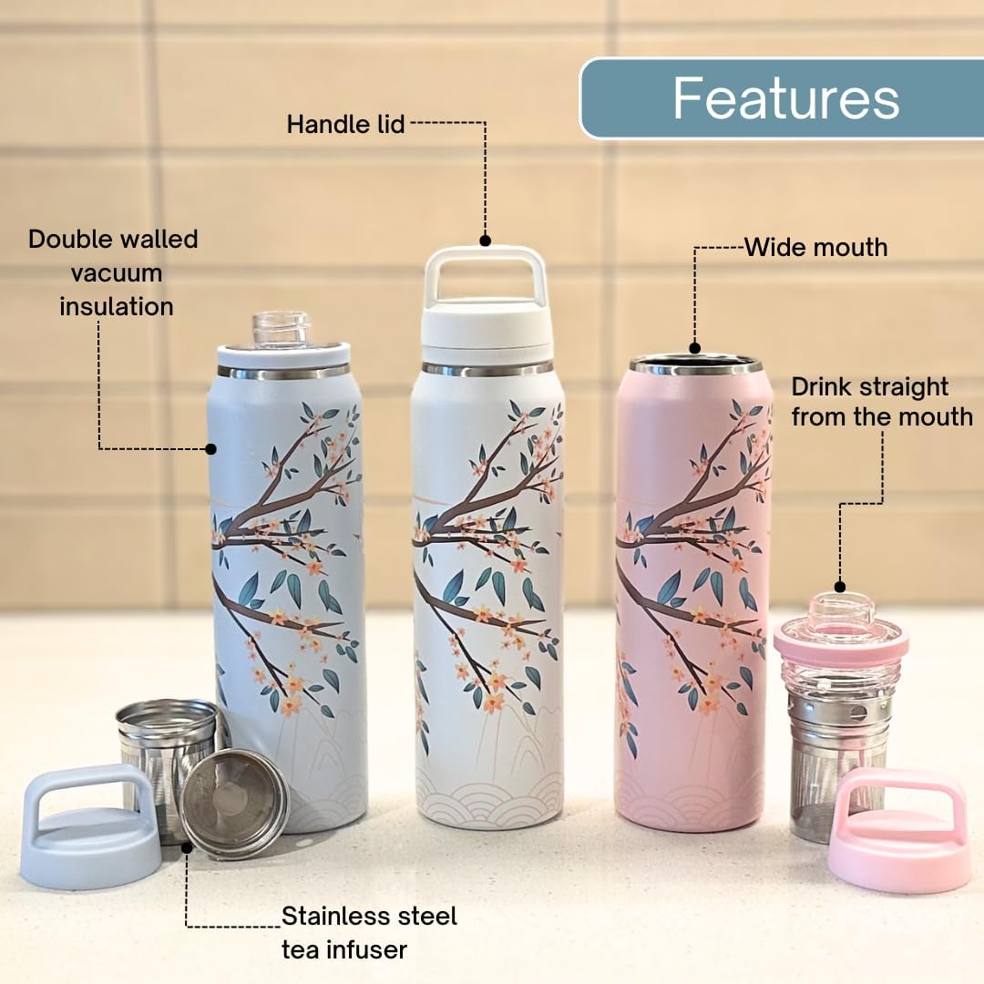 Farasi Loose Leaf Tea Infuser Bottle Wide Mouth Coffee, Fruit, Insulated Stainless Steel Water Bottle Infuser Tumbler - Leakproof Built In Handle Travel Mug Pink Floral 24 oz - Image 4