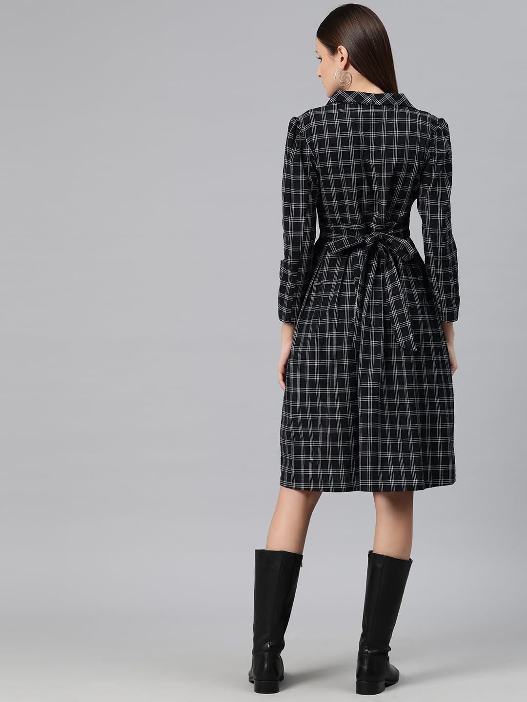 Cottinfab Women Black and White Checked Cotton Lapel Collar Blazer Pleated Knee-Length Dress Long Sleeves, Large 3