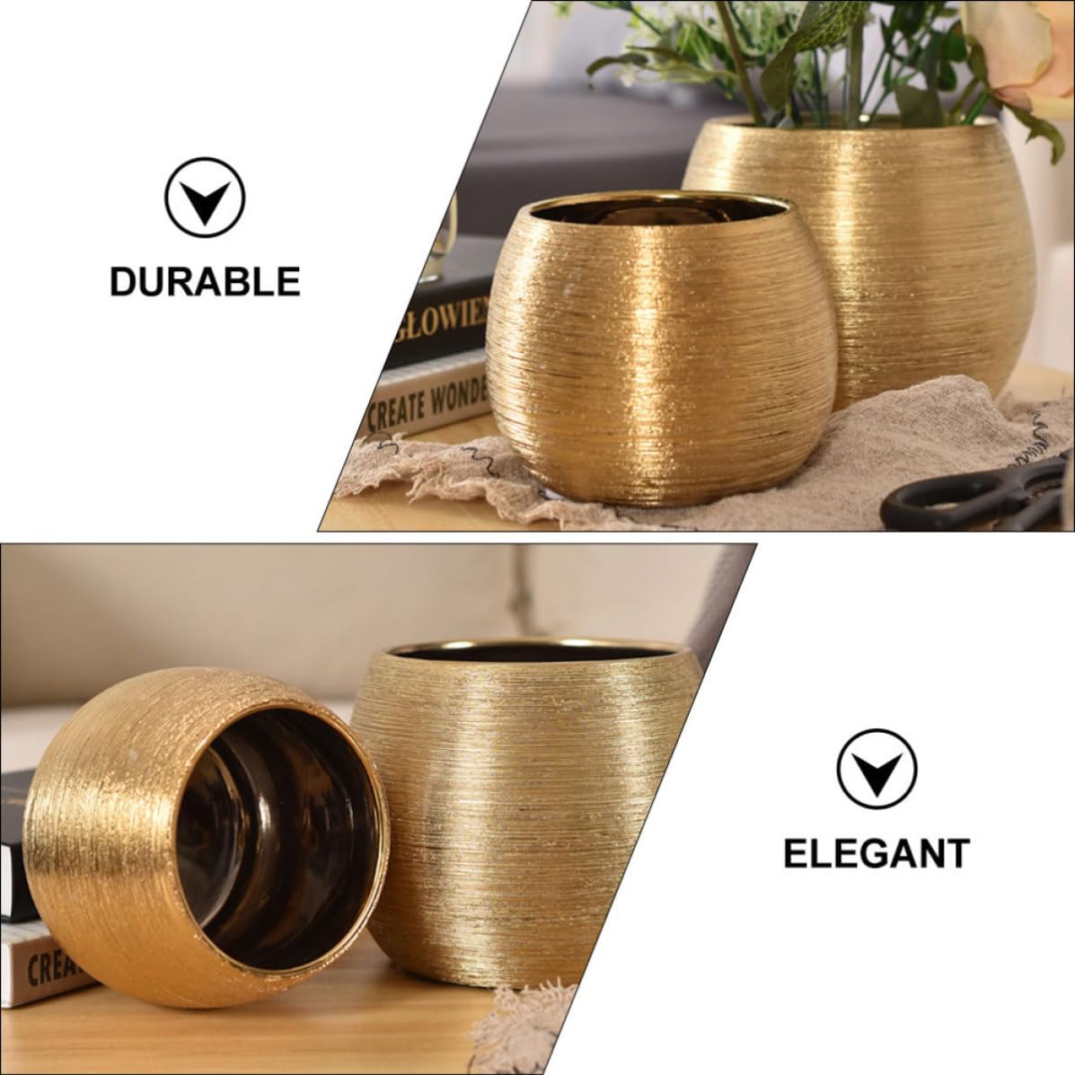 Pot de Fleurs Rond en Céramique Plaqué Or pour Plantes Succulentes, Élégant et Décoratif, pour Maison et Bureau