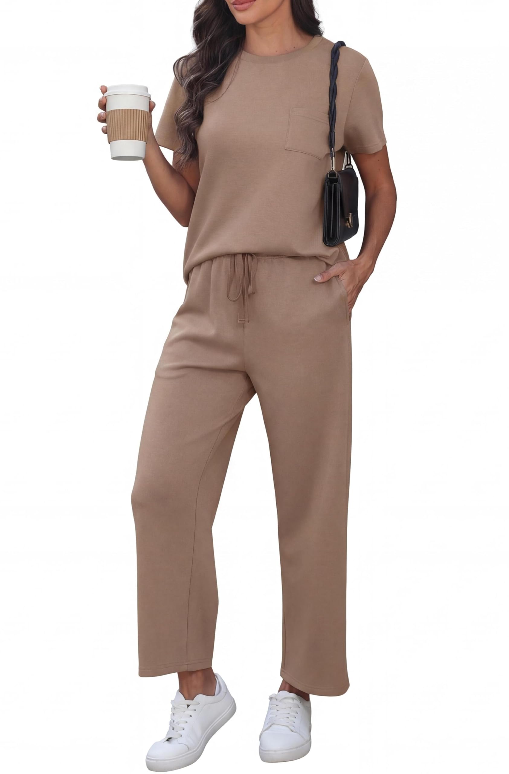 GRECERELLE Zweiteiler Jogginganzug Damen Sommer Trainingsanzug Outfits Tracksuit Kurzarm Lässige Rundhals Brusttasche Tshirts und weite Jogginghosen Trainingsanzüge mit Taschen