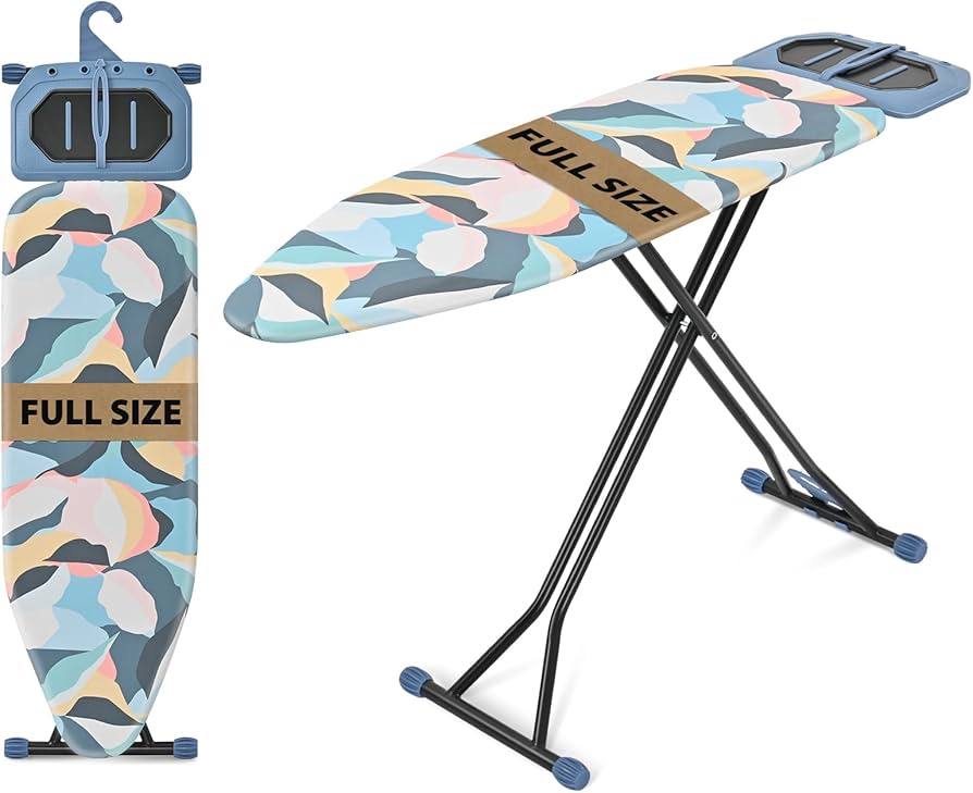 Ironing Board(45 x 15 in) 7 Height Options, Metal Panel Foldable Iron Board with Rest, Compact Portable Ironing Board, Heavy Duty Folding Iron Stand with Hanger, Dark Blue