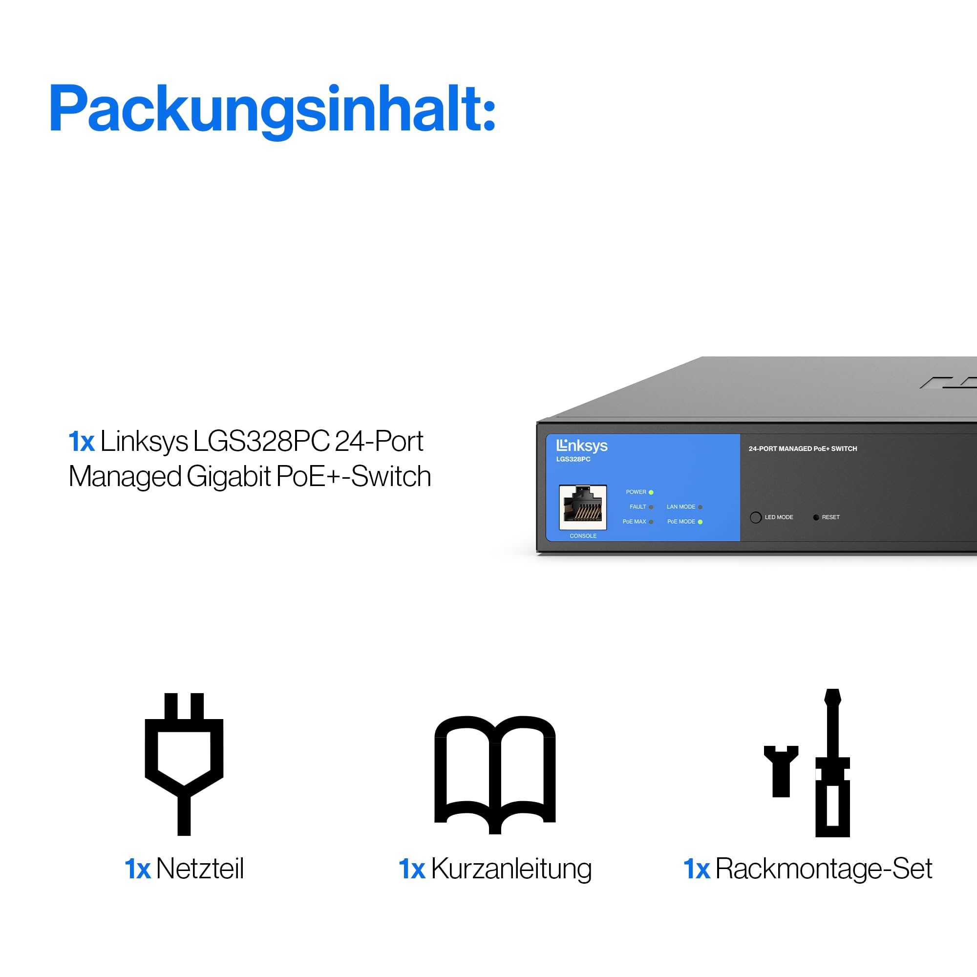 Linksys 24-Port Managed Gigabit-Netzwerk-Switch, 4 1-Gb-Uplink-SFP-Steckplätze, PoE/PoE+, QoS, statisches Routing, VLAN, IGMP, Metallgehäuse, Platzierung auf dem Schreibtisch/an der Wand – LGS328PC
