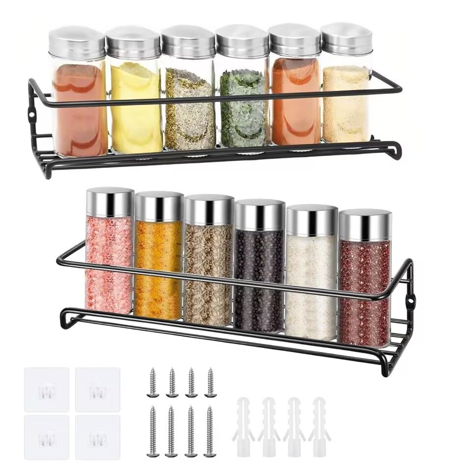Fhioevt 2 Piezas Especieros para Cocina Especiero Pared Organizador Especias con Ganchos y Tornillos Autoadhesivos Especiero Pared sin Taladrar Condimentos Estanteria para Baño y Hogar (Negro)