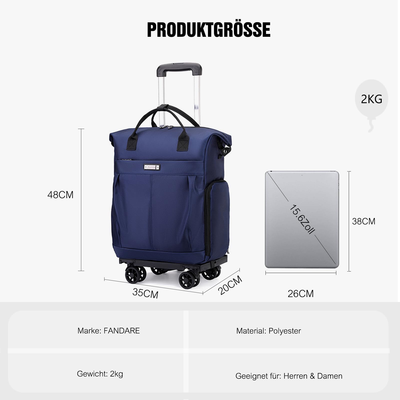 FANDARE 35L Laptop-Trolleys Herren Damen Einkaufstrolley klappbar Rollerrucksack Business Wandlungsrucksack Reiserucksack mit Rollen Trolley-Rucksack Rollen Handgepäck Rolling Aaktenkoffer Blau