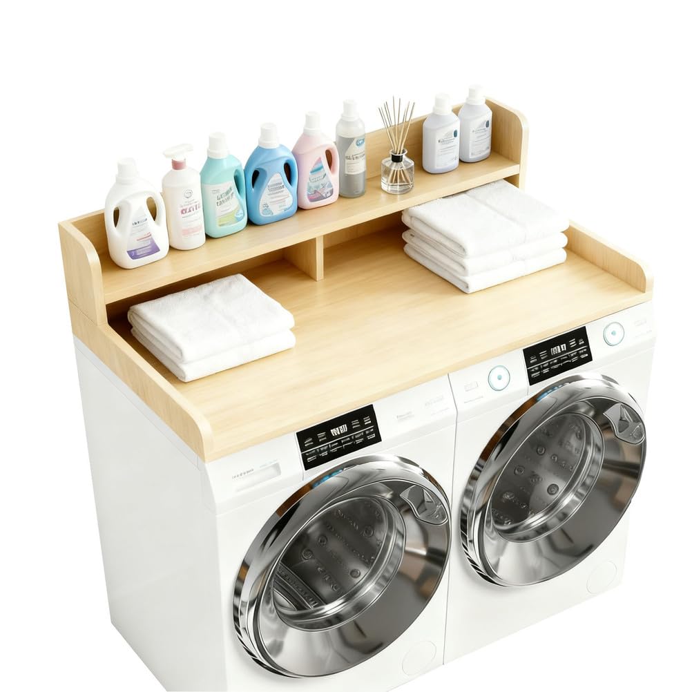 Washer Dryer countertop Wood Washer Dryer countertops 2 Tier Laundry Counter Over Washer and Dryer with Shelf top for Washer and Dryer to fold Clothes,Natural,L54×W27.5×H12