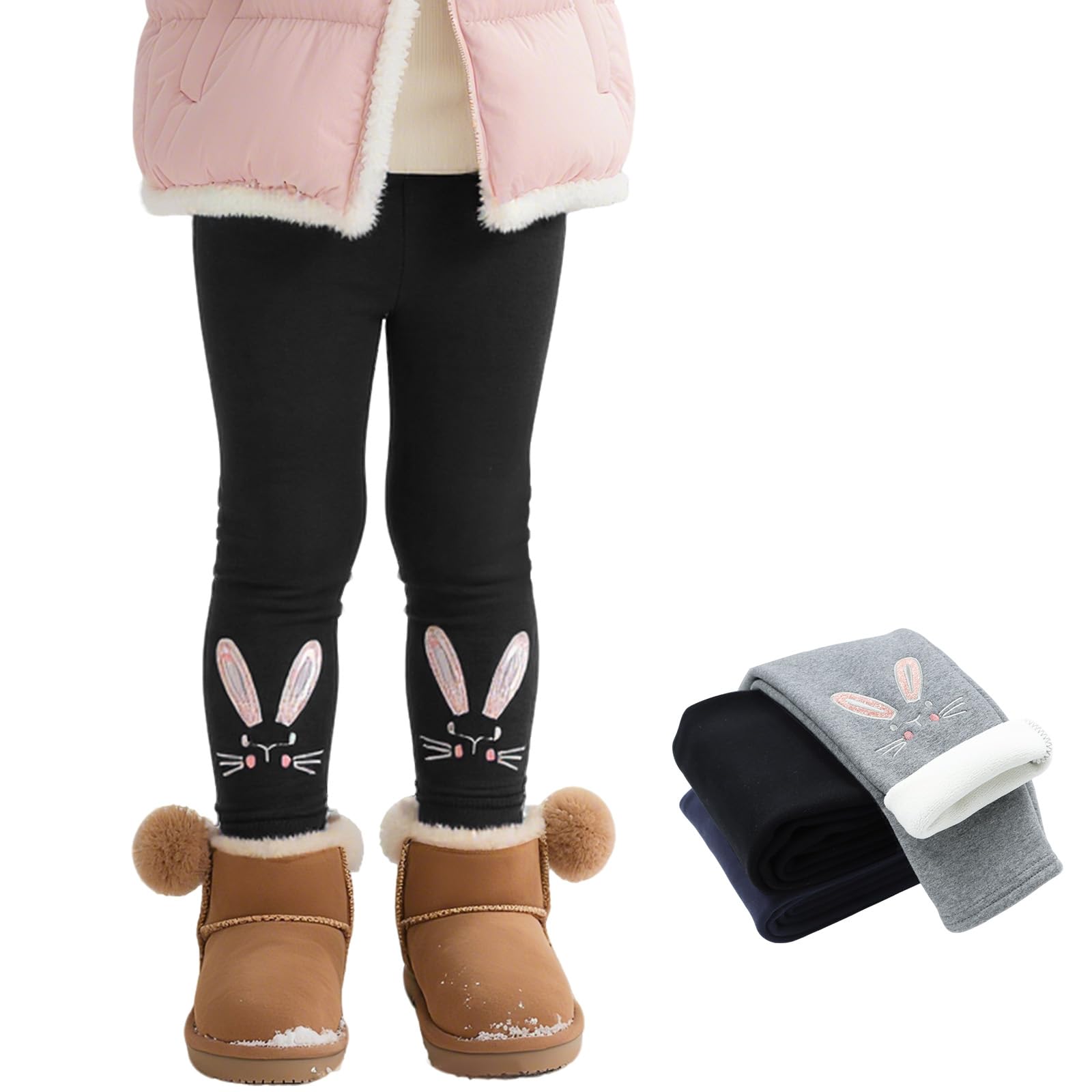 Domueay ThermoLeggings meisjes gevoerde warme leggings met fleece dikke lange broeken kinderen katoen elastische winterbroek konijnenpatroon thermobroek, maat 104-110, zwart
