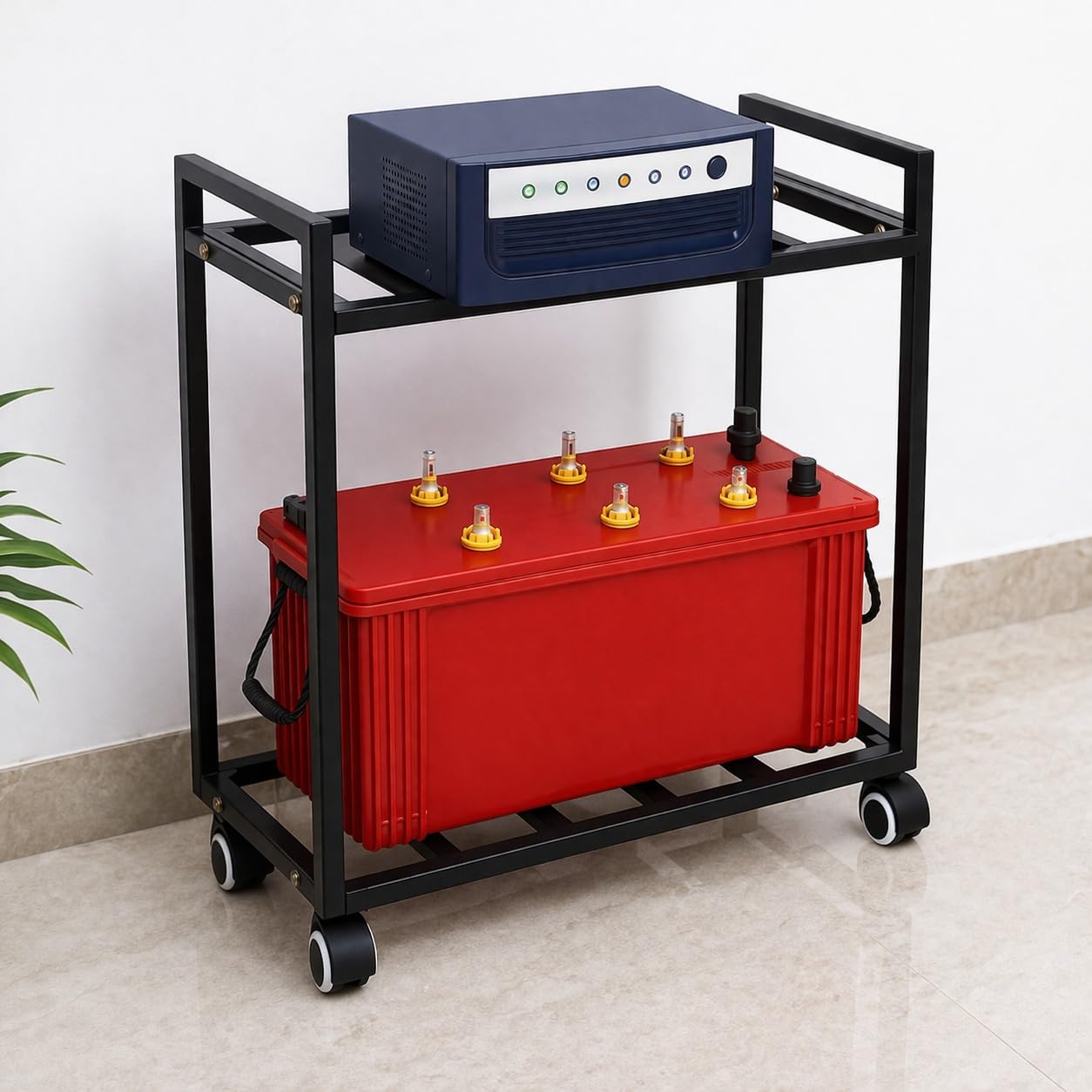 Niyara Heavy-Duty Metal Inverter Trolley Stand with Wheels – Black, Portable & Sturdy | Dual-Shelf Battery Backup Stand for Garage or Workshop-picture-10