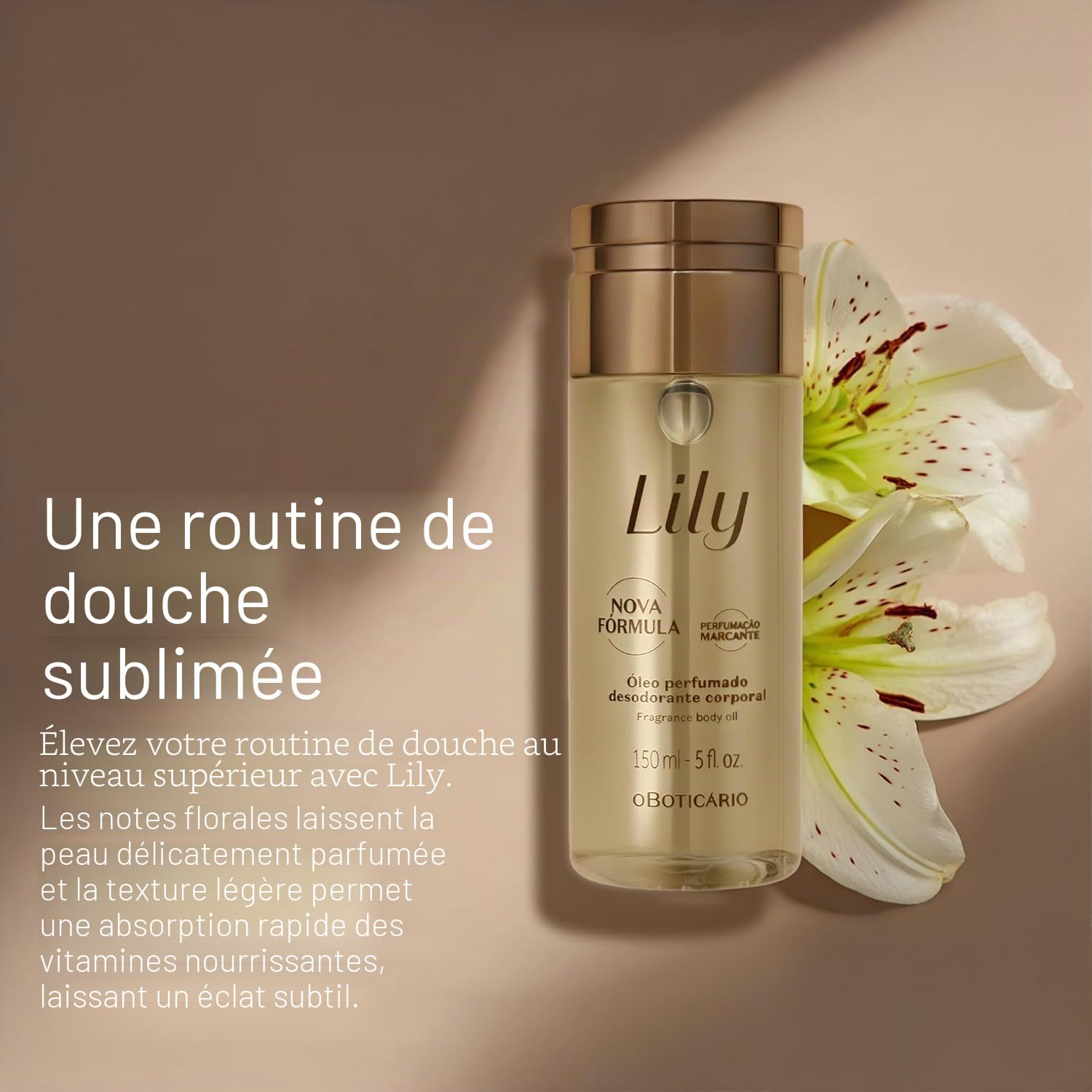 O Boticário Lily Set cadeau, parfum et soins de la peau avec 3 produits, crème hydratante pour le corps 250 g, huile de corps parfumée 150 ml et Eau de Parfum EDP 75 ml
