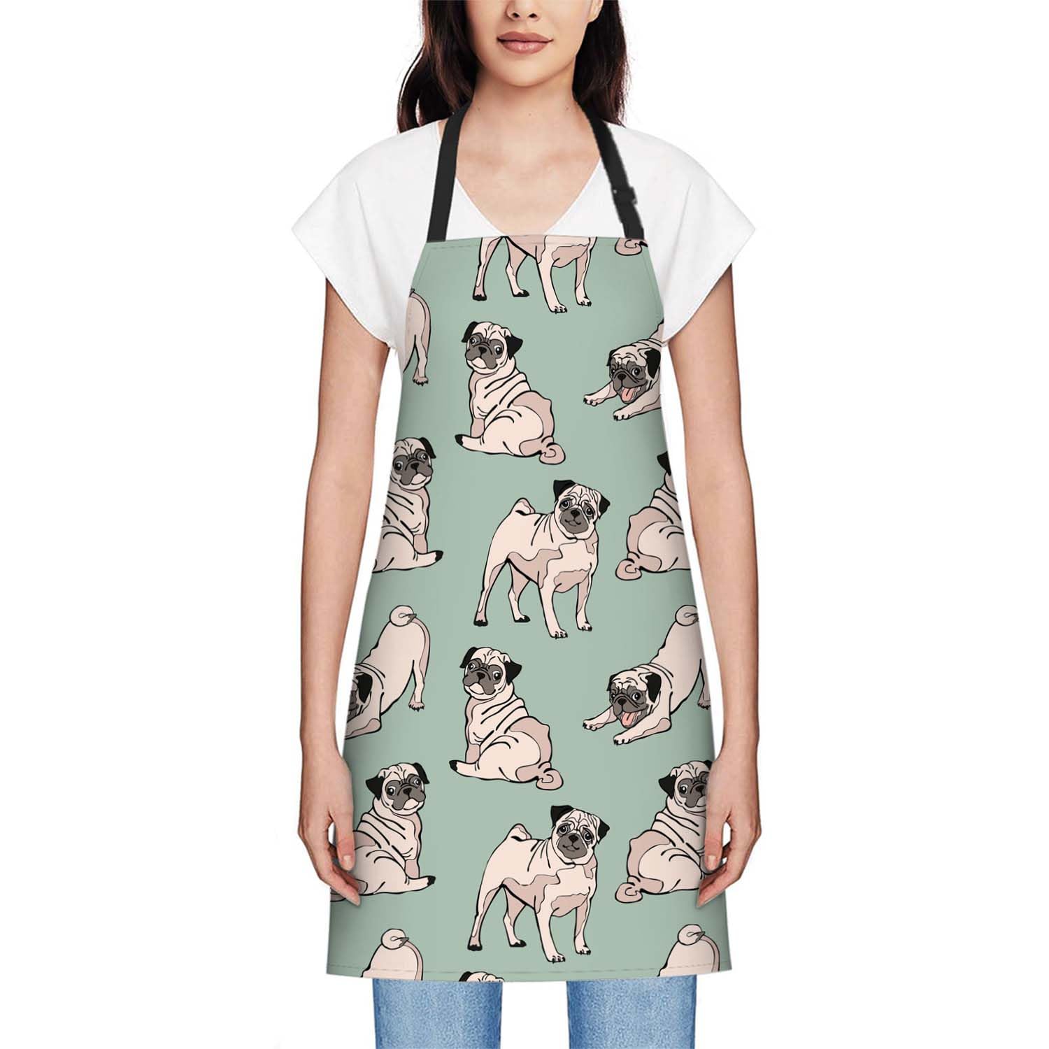 Smooffly Cute Dogs Pug Apron,Adjustable Neck Bib Apron for Men Women,Suitable for Kitchen Cooking Waitress Chef Apron - Image 2