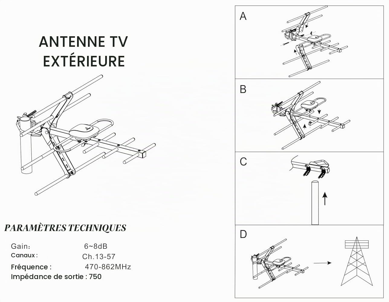 Kit d'installation d'antenne TV numérique 4G pour l'extérieur - Antenne de toit pour antenne TV extérieure numérique Smart Freeview HD + connecteur coaxial mâle femelle 10 m RG6 câble de fixation vis