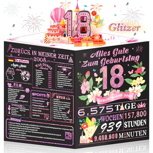 OLOSONG Geburtstagskarte 18. Geburtstag - 3D Pop Up Karte Geschenke 18 Geburtstag Mädchen Sweet Lustige Roségold Deko 18. Geburtstag Für Freund Tochter Schwester Sie Back in 2008 Mit Umschlag