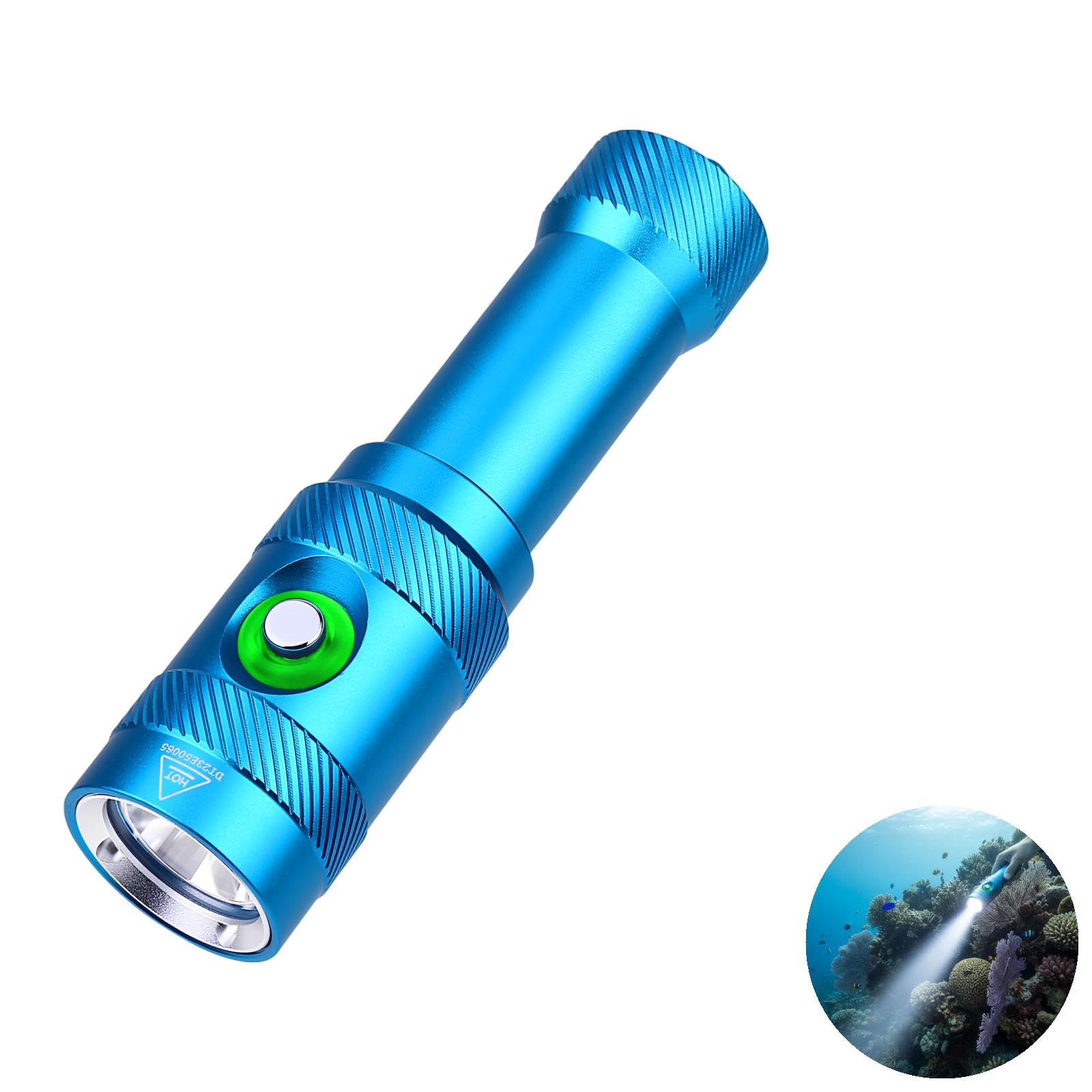 Torcia subacquea blu, 60 m, IP68, impermeabile, con batteria 18650 e caricabatterie, luce bianca fredda 5500 K, fascio di luce da 150 m